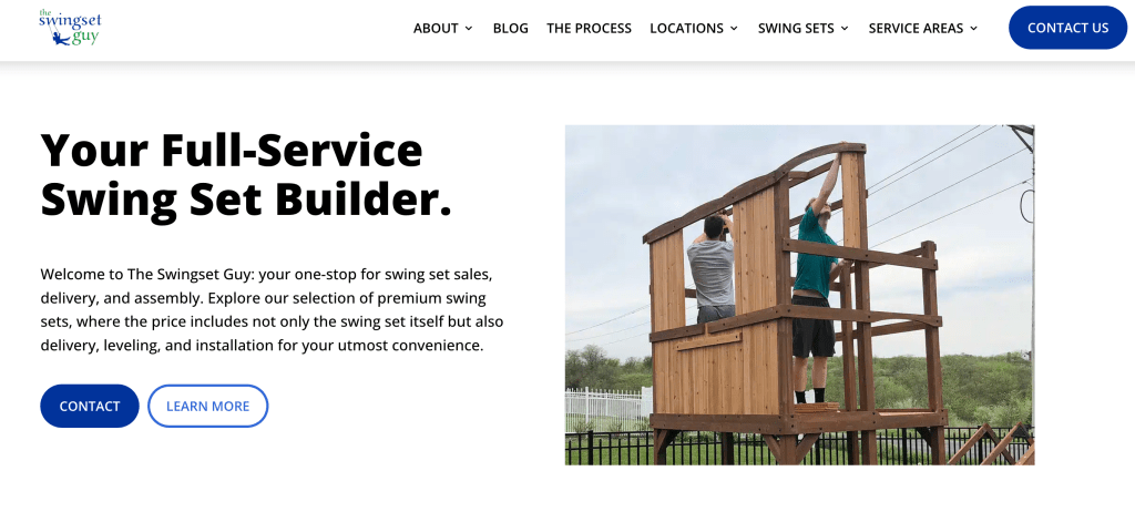 An image of a a hero section website that offers swingset business